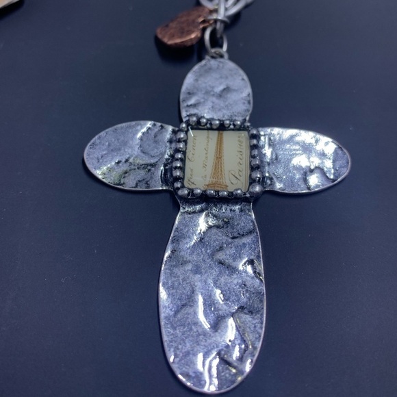 Crave Silver-Tone Paris Cross Necklace with Heart Charm - Picture 7 of 12